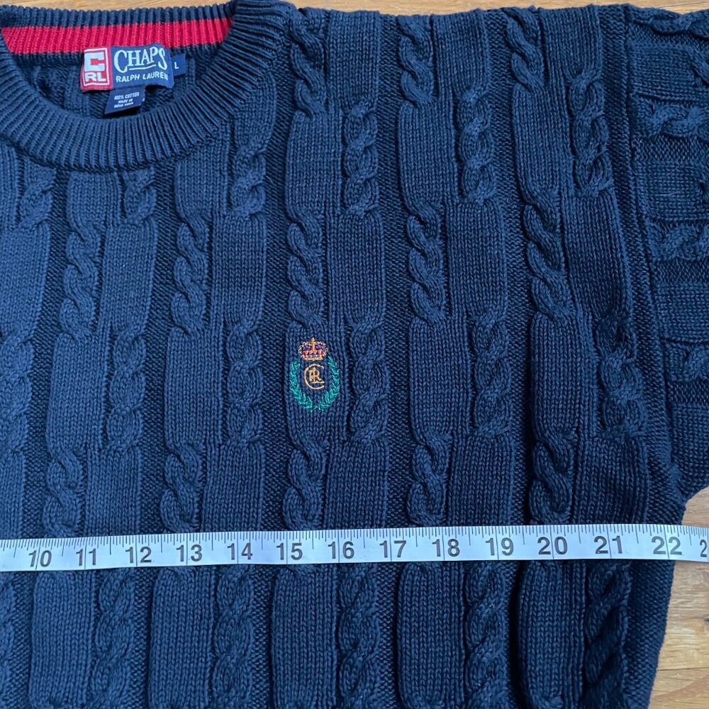 Vtg Chaps Ralph Lauren Sweater Mens L Blue Cable Knit Embroidered Crest Logo - Picture 9 of 11